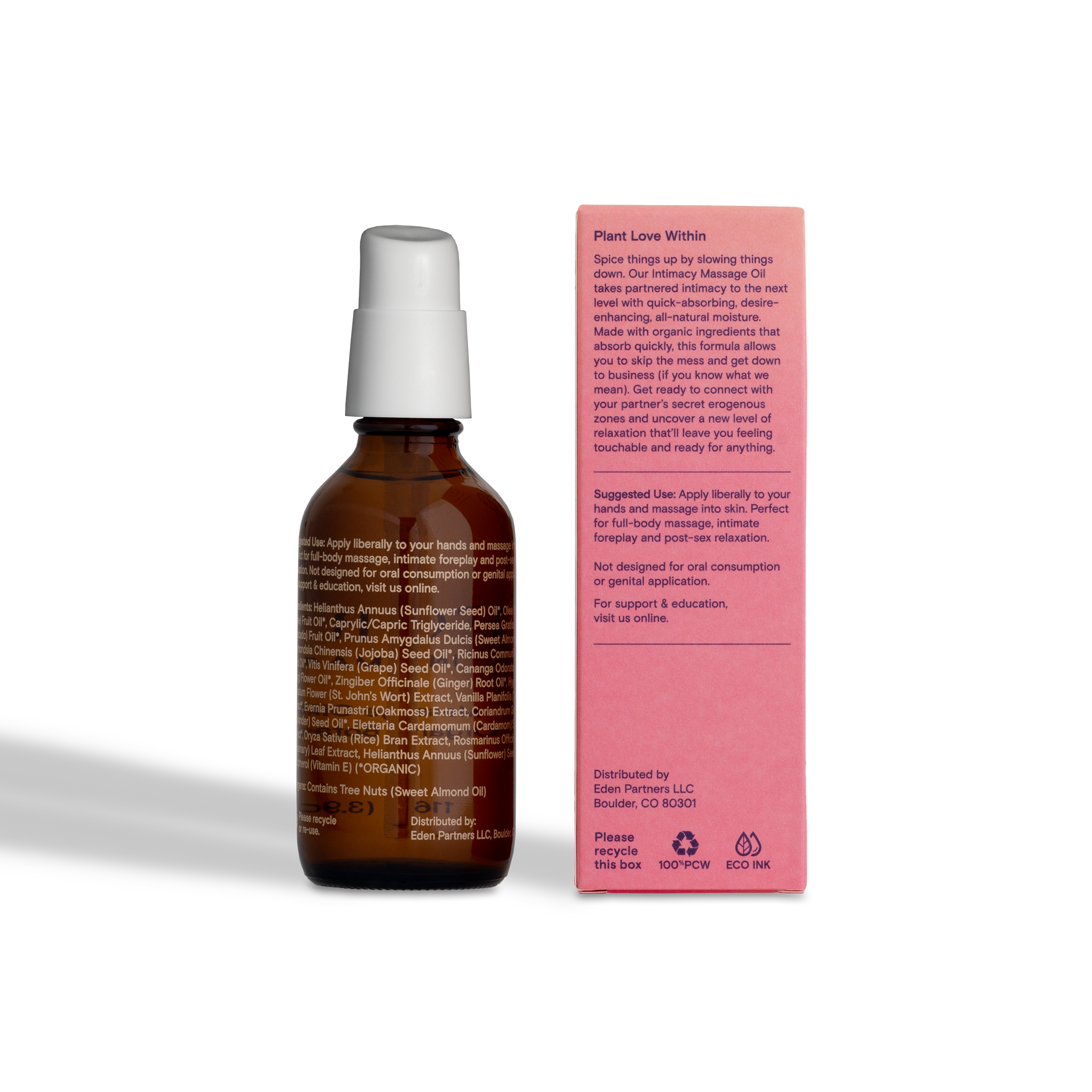 Amber massage oil bottle with white pump and pink product box
