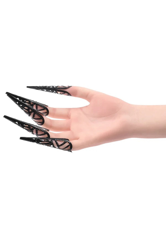 Hand wearing black chain fingertip guards with pointed tips