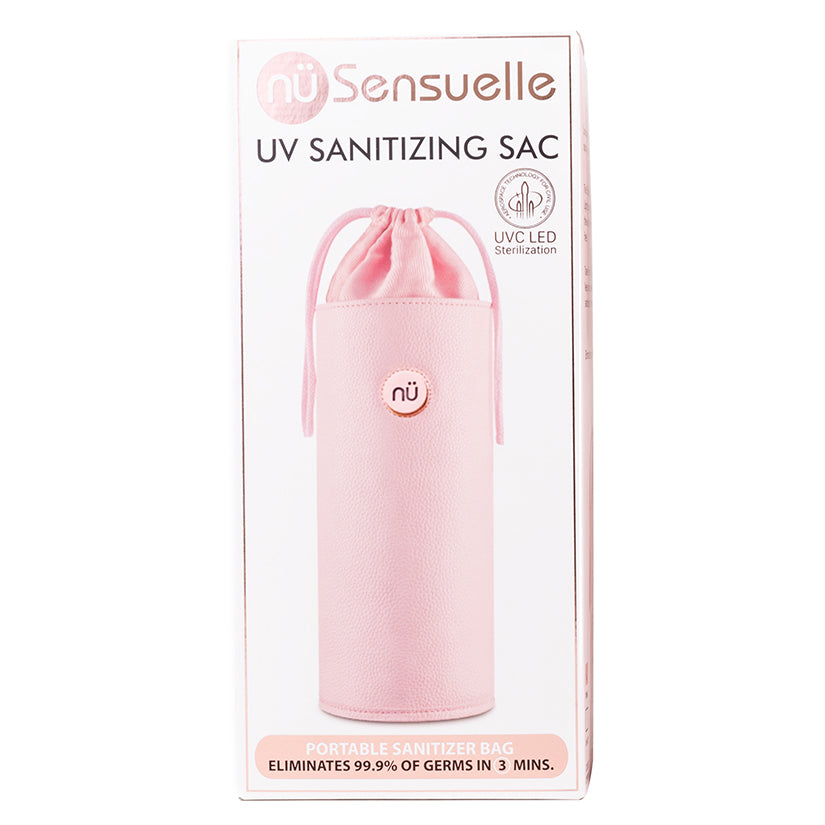 UV sanitizing sac retail box showing pink drawstring pouch with ni SENSUELLE branding