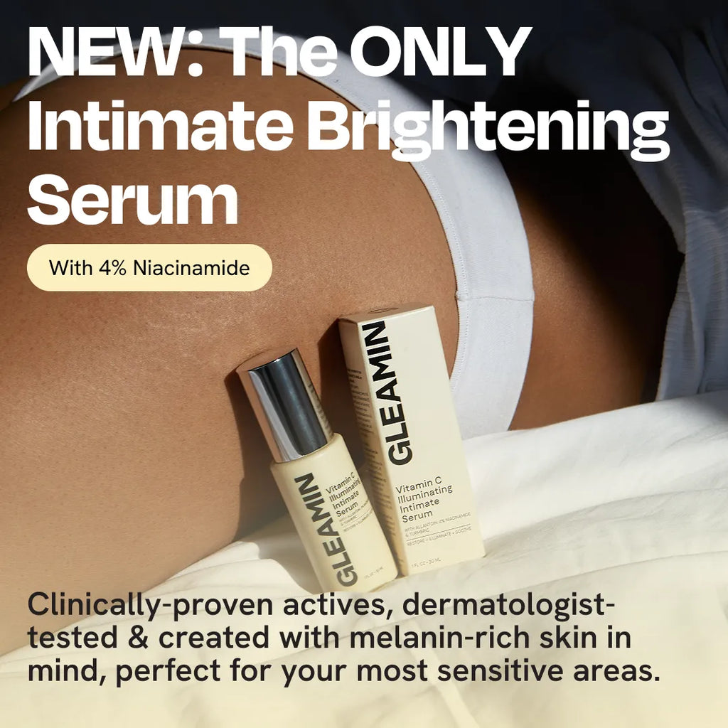 Intimate serum bottle beside underwear on body, featuring pump dispenser