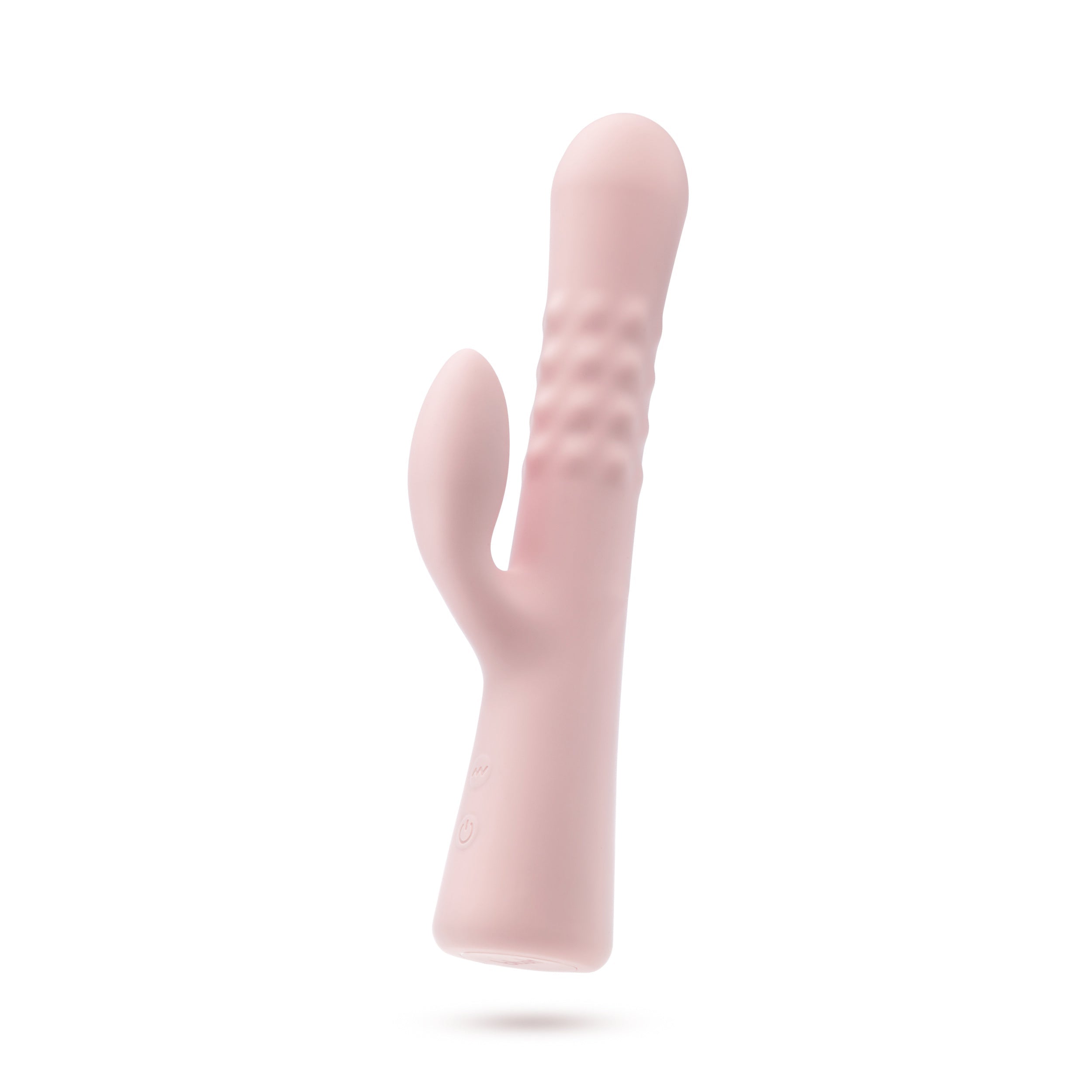 Pink silicone vibrator with curved handle shape and textured grip
