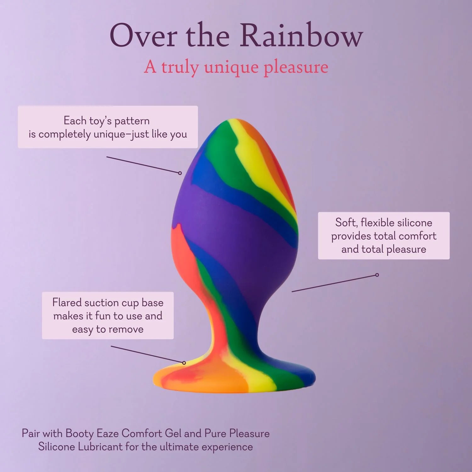 Rainbow silicone butt plug with flared base and curved tapered tip