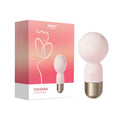 Mini wand massager with pink spherical head and gold base, shown with retail box