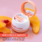 Peach flavored lip balm jar opened with built-in mirror and applicator