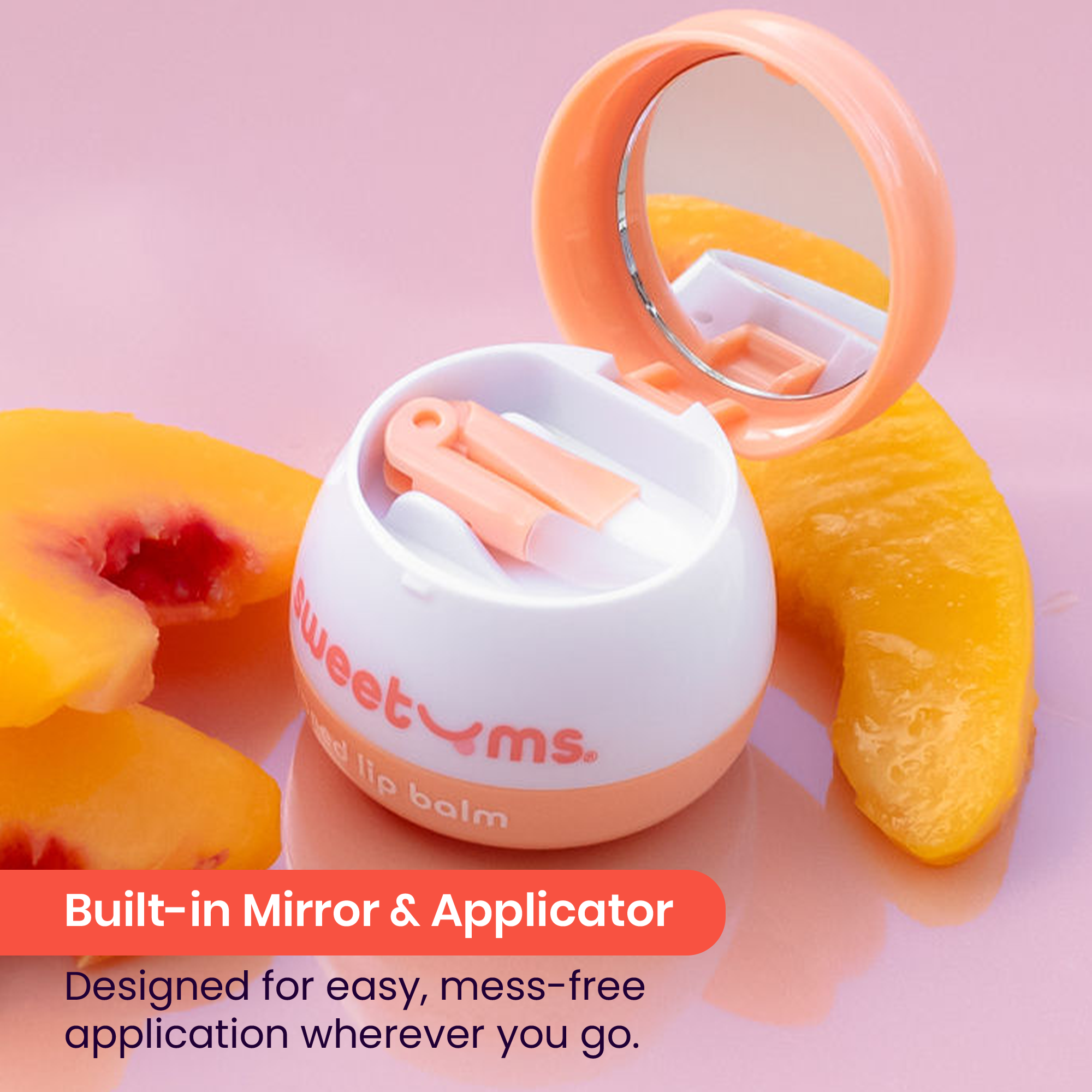 Peach flavored lip balm jar opened with built-in mirror and applicator