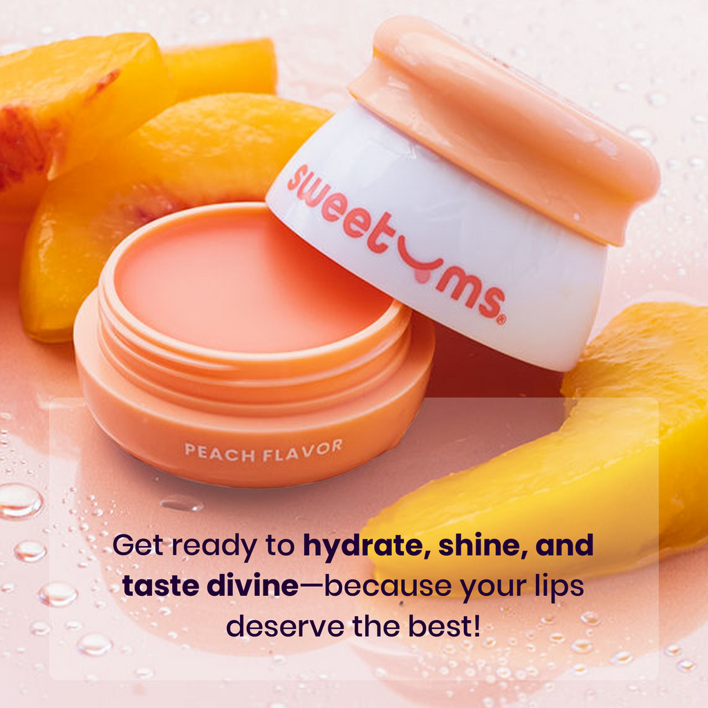 Peach flavored lip balm jar with open lid and pink balm inside