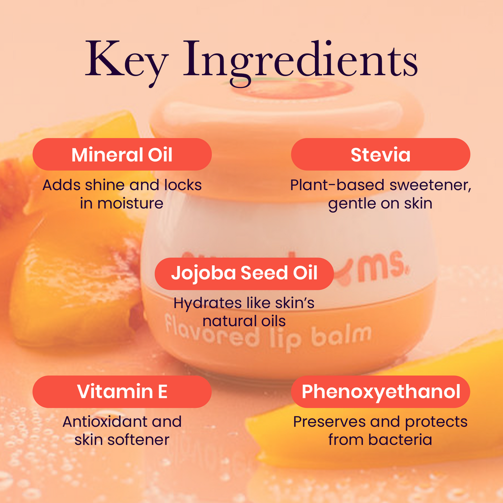 Peach flavored lip balm jar with key ingredients callouts