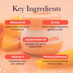 Peach flavored lip balm jar with key ingredients callouts