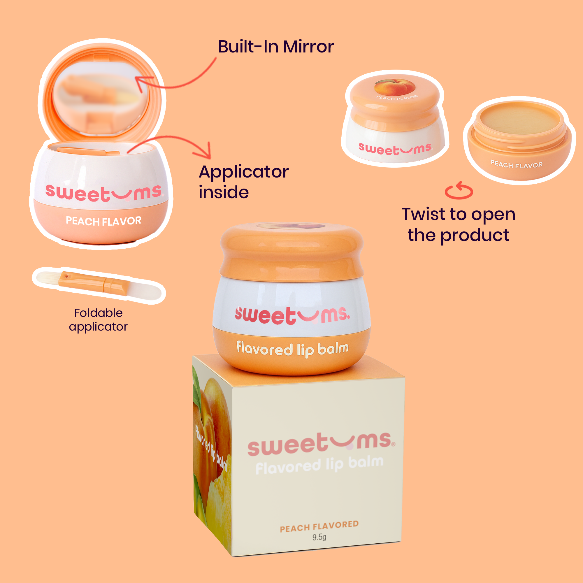 Peach flavored lip balm with built-in mirror and foldable applicator diagram