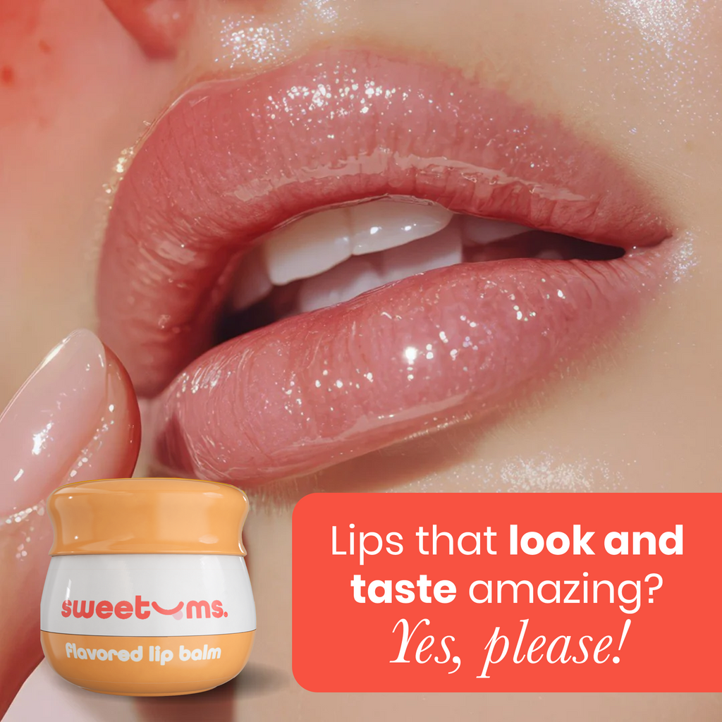 Peach flavored lip balm jar beside glossy lips
