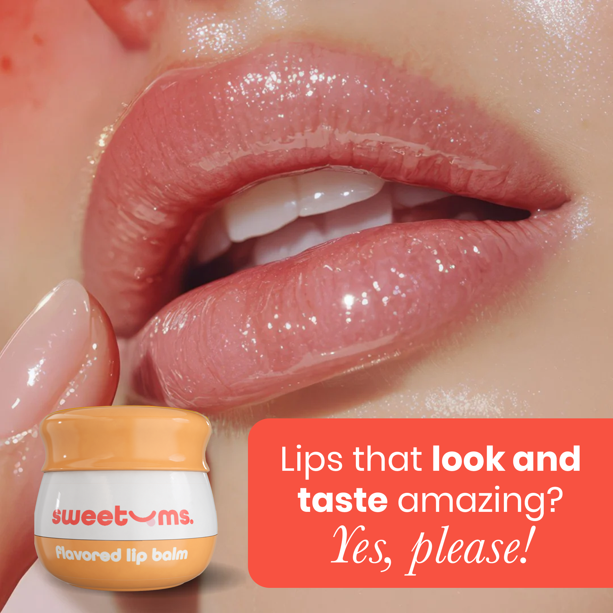 Peach flavored lip balm jar beside glossy lips