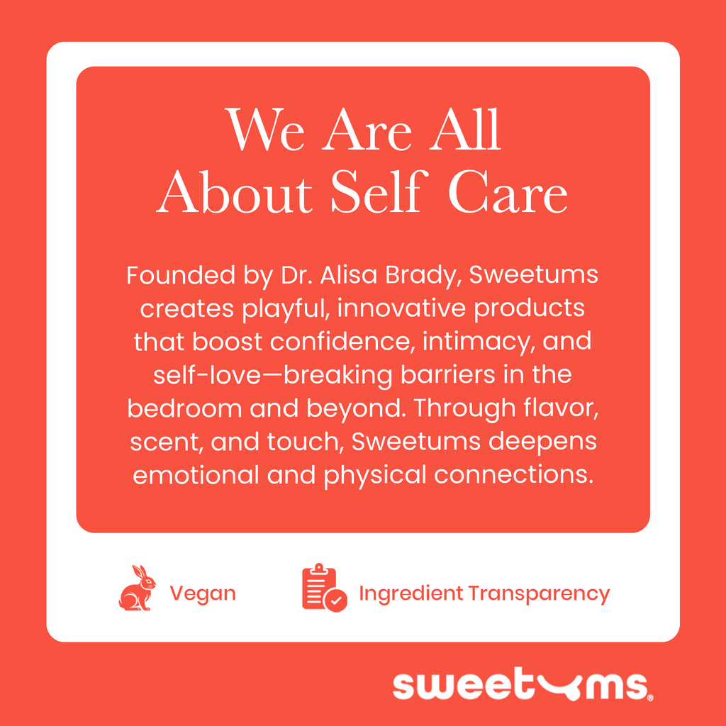 Sweetums self-care brand card with vegan and ingredient transparency icons
