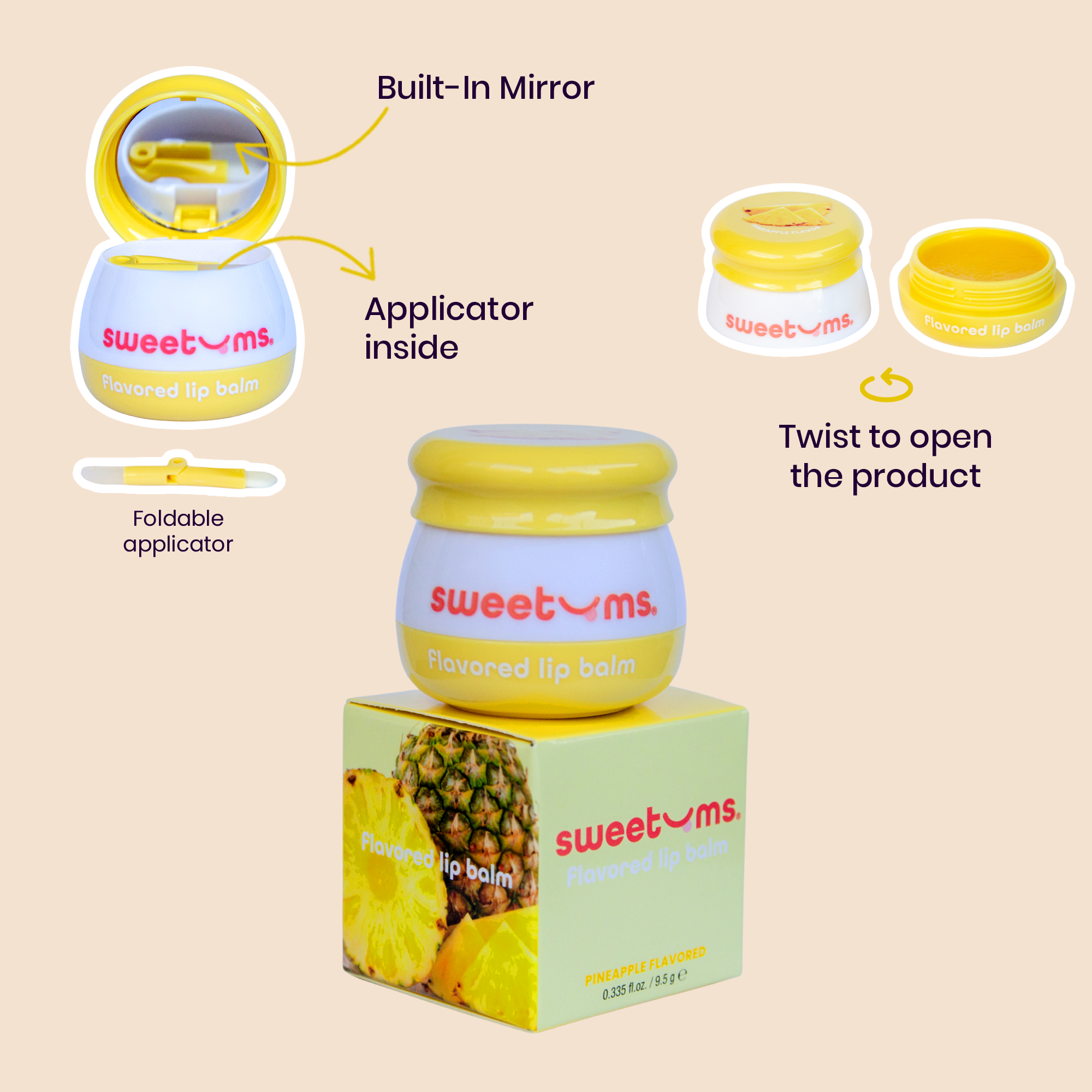 Pineapple-flavored lip balm kit diagram with built-in mirror and twist-open jar