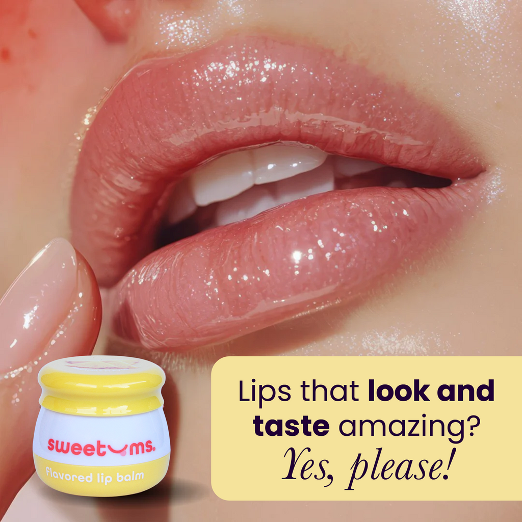 Pineapple-flavored lip balm jar beside glossy lips