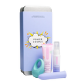 Gift set with blue box, teal C-ring vibrator, and two pink lotion bottles
