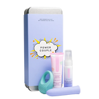 Gift set with blue box, teal C-ring vibrator, and two pink lotion bottles