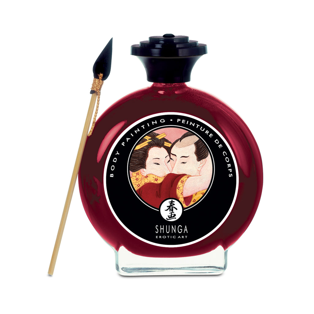 Edible body paint bottle with painting brush, deep burgundy liquid