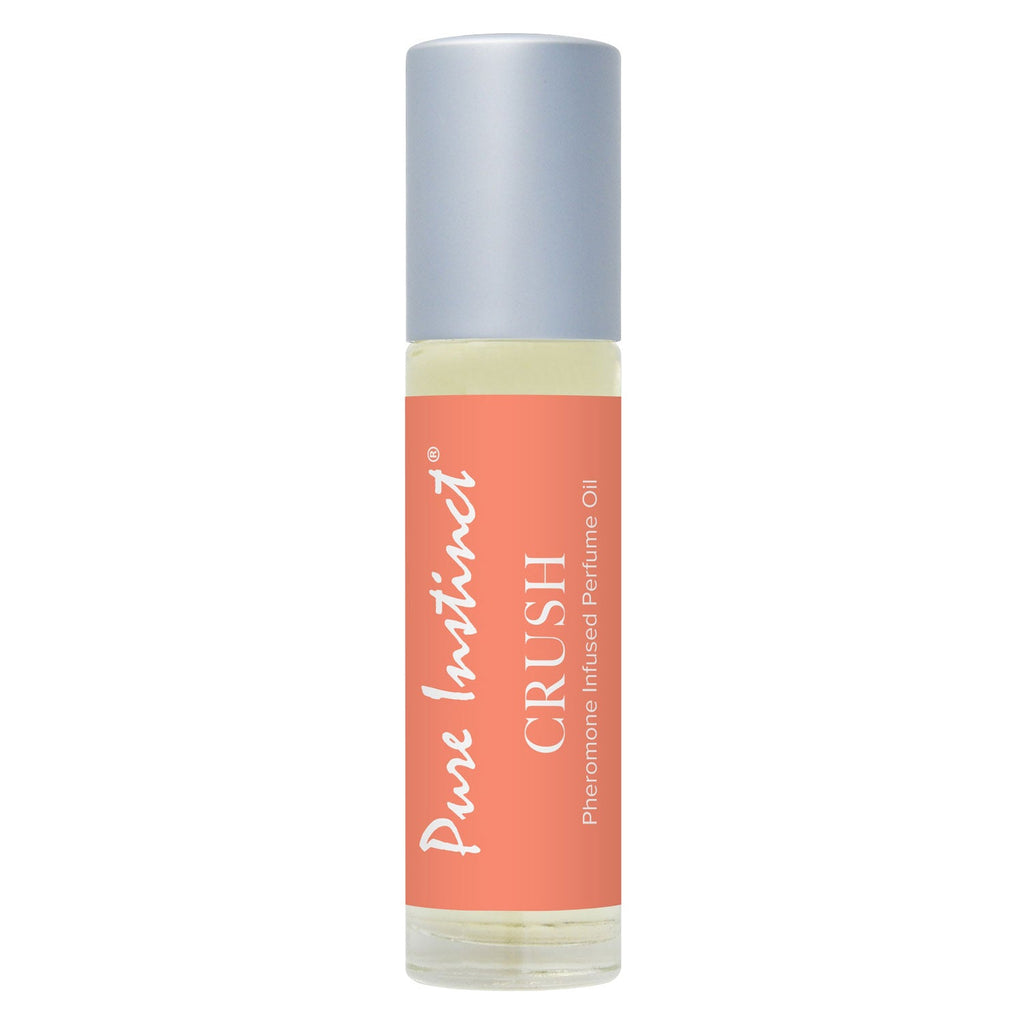 Pheromone roll-on perfume bottle with silver cap and orange label