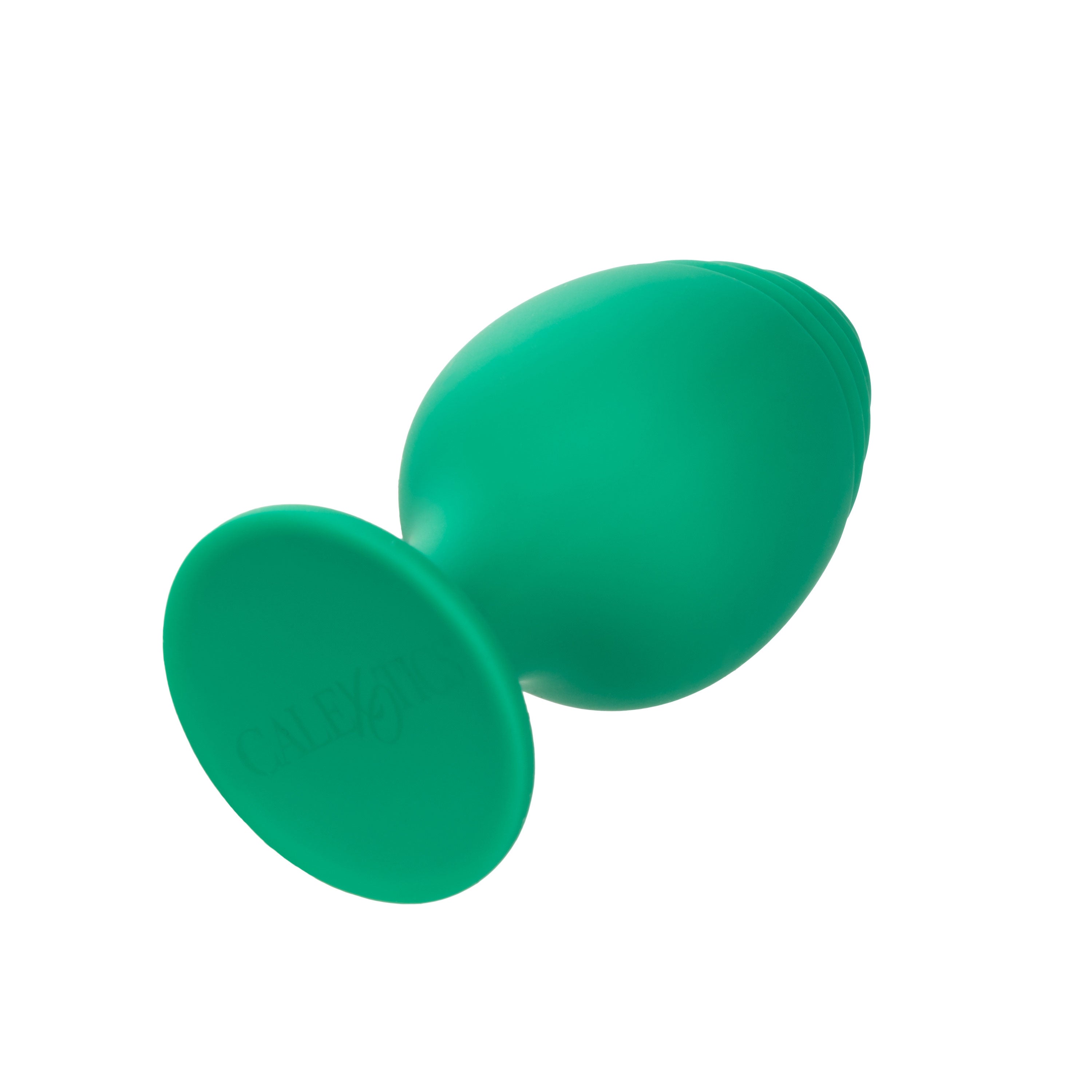 Green silicone anal plug pair, side view with rounded ends