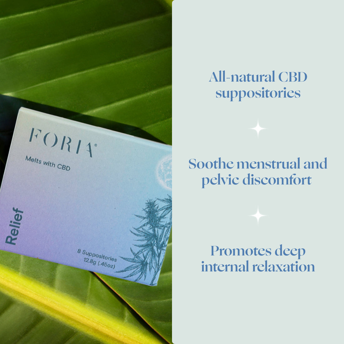 CBD suppository box on green leaves with benefits text panel