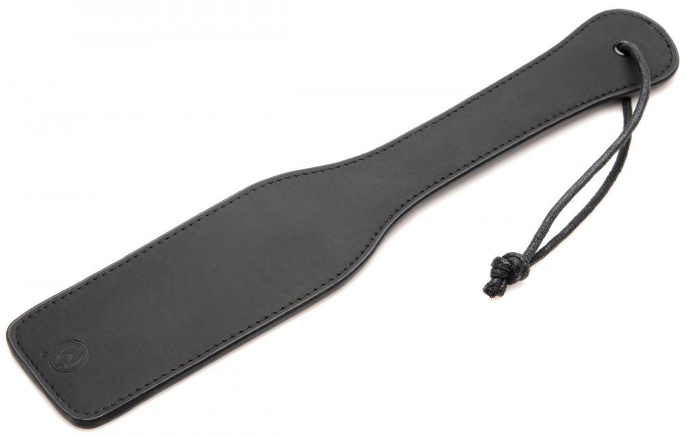 Black leather-like paddle strap with lace tie and subtle embossed emblem