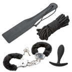Bondage kit accessories: gray pouch, rope, fuzzy cuffs with metal chains, butt plug