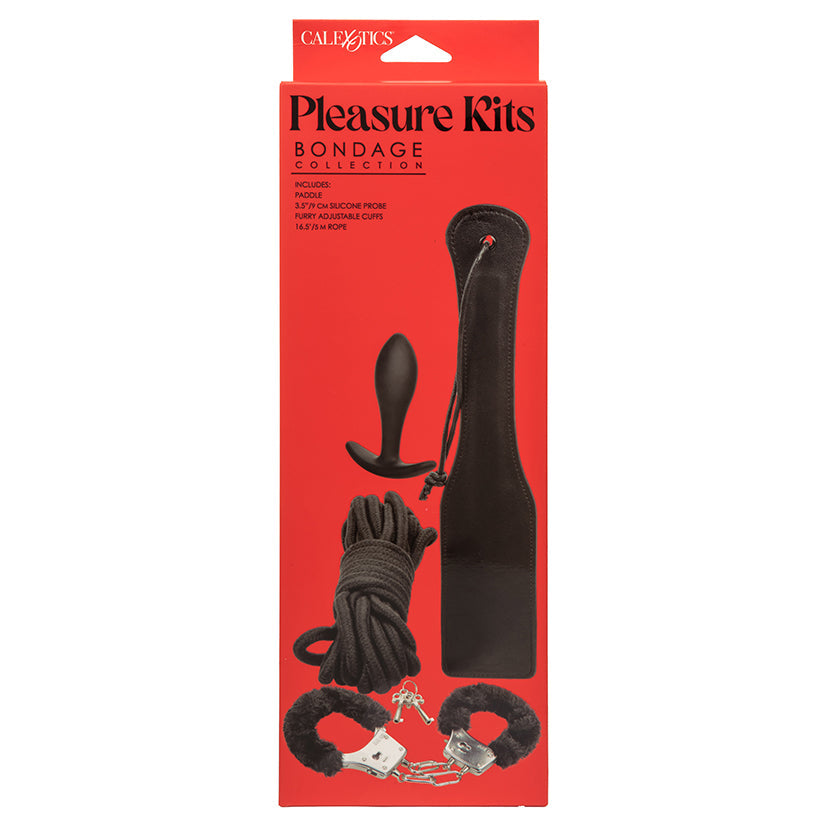 CalExotics Pleasure Kits bondage collection box with black plug, cuffs, and rope set