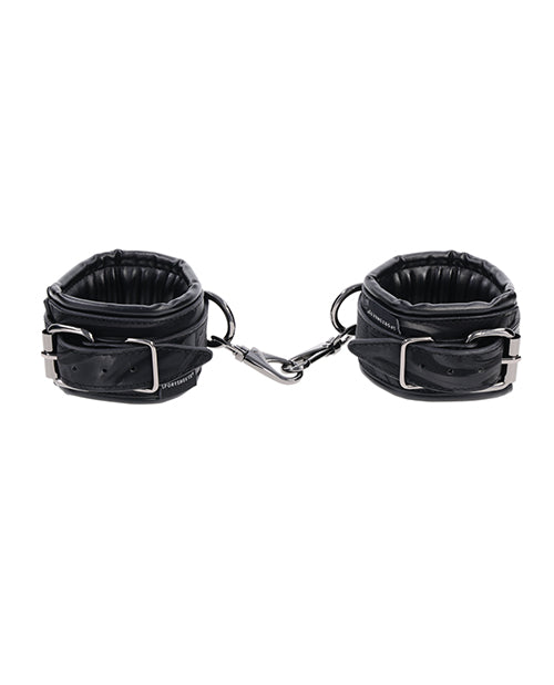 Black velvet handcuffs with chain and leather straps, two cuff pads shown.