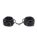 Black velvet handcuffs with chain and leather straps, two cuff pads shown.
