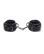 Black velvet handcuffs with chain and leather straps, two cuff pads shown.
