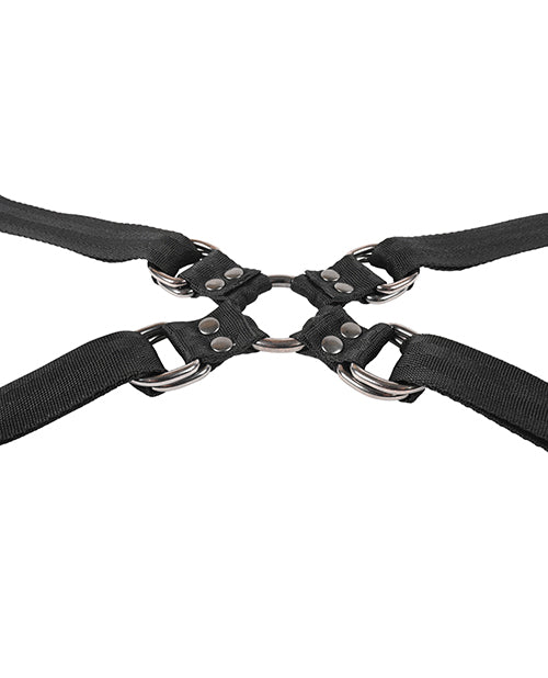 Black adjustable restraint straps with metal rings and buckle hardware