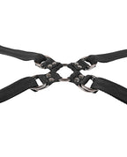 Black adjustable restraint straps with metal rings and buckle hardware