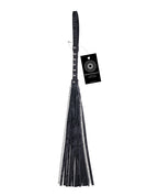 Black velvet flogger with chain, studded strap handle, hanging fringe tassels
