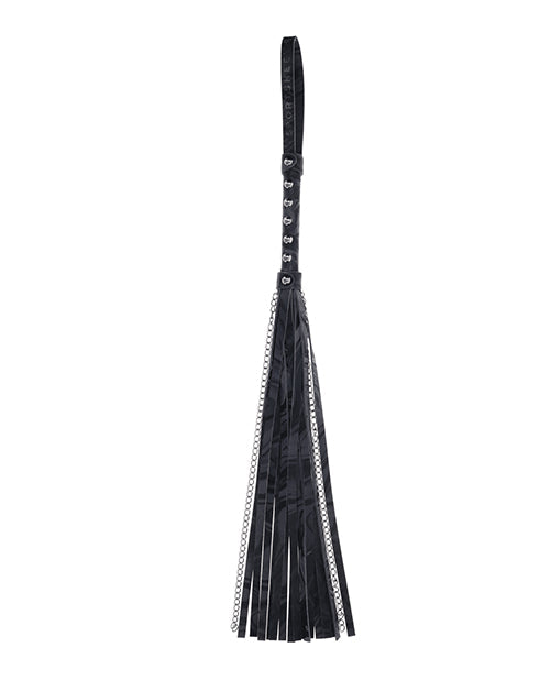 Black velvet flogger with chain and studded handle, long fringe tassels