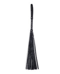 Black velvet flogger with chain and studded handle, long fringe tassels