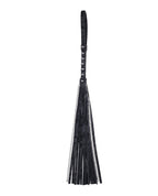 Black velvet flogger with chain and studded handle, long fringe tassels