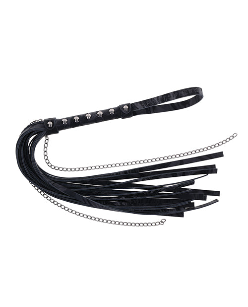 Black velvet flogger with chain loops and tassel fringe, studded strap handle