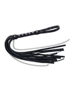 Black velvet flogger with chain loops and tassel fringe, studded strap handle