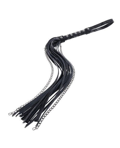 Black velvet flogger with braided tassel fringe and hanging chain links