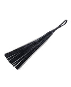 Black velvet flogger with layered fringe ribbons and silver-tone chain