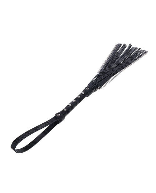 Black velvet flogger with double strap handle and long chain fringe tassels