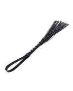 Black velvet flogger with double strap handle and long chain fringe tassels