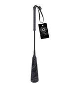 Black velvet strike crop with wrist loop strap and hanging tag