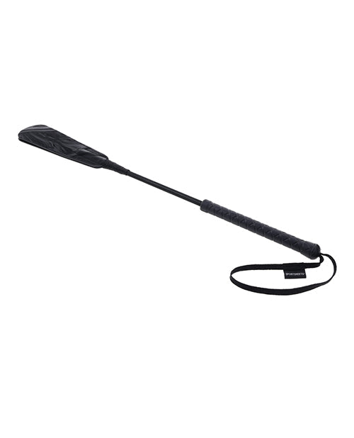 Black velvet strike crop with long shaft and looped wrist strap at handle