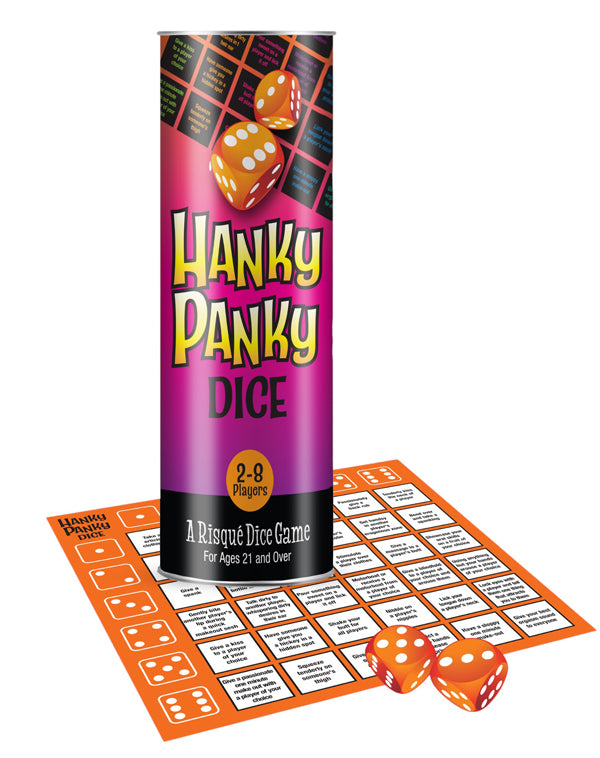 Dice game board with orange cards and two orange dice, with boxed packaging