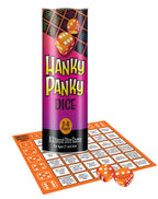 Dice game board with orange cards and two orange dice, with boxed packaging
