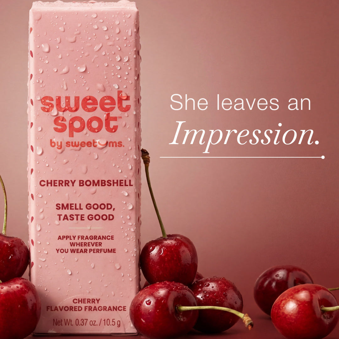 Cherry Bombshell solid fragrance stick in light pink, label and red text visible