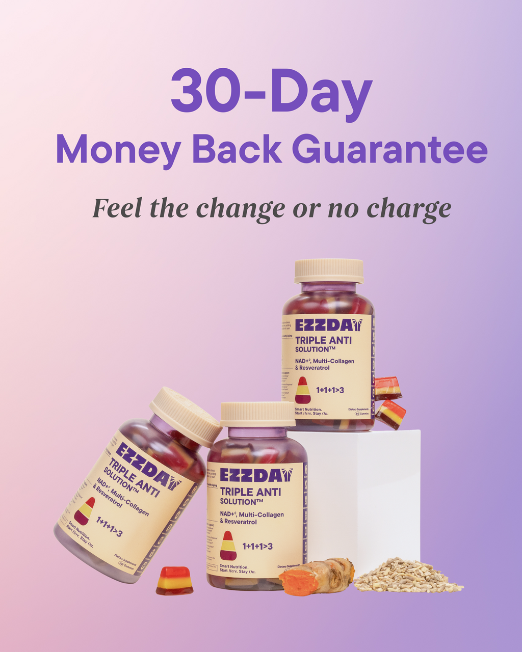 Anti-aging gummy bottles with 30-day money back guarantee graphic