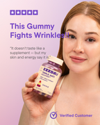 Woman holding anti-aging gummy bottle with verified customer badge