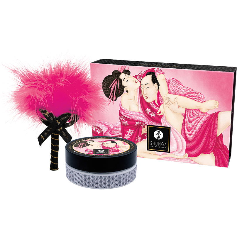 Body powder tin with pink feather applicator and gift box